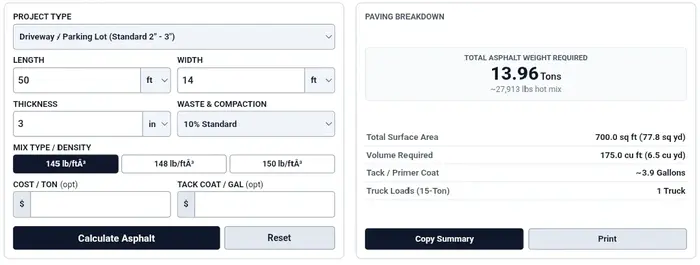 Free online asphalt calculator tool to estimate required asphalt tonnage and materials for driveway or paving projects.