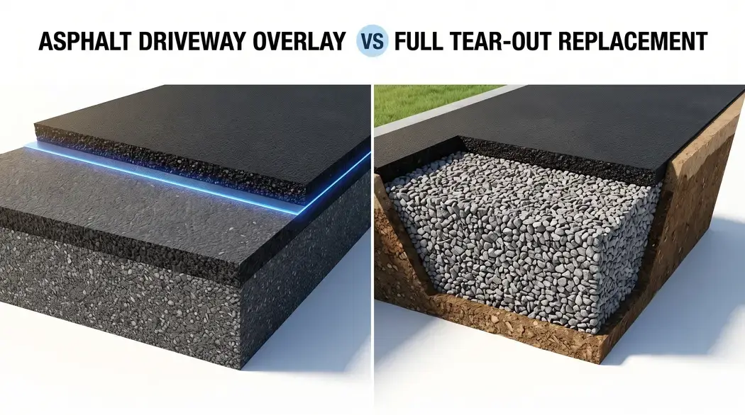 Asphalt on Asphalt 1 Cross-section diagram showing the comparison between asphalt driveway overlay and full tear-out replacement layers.