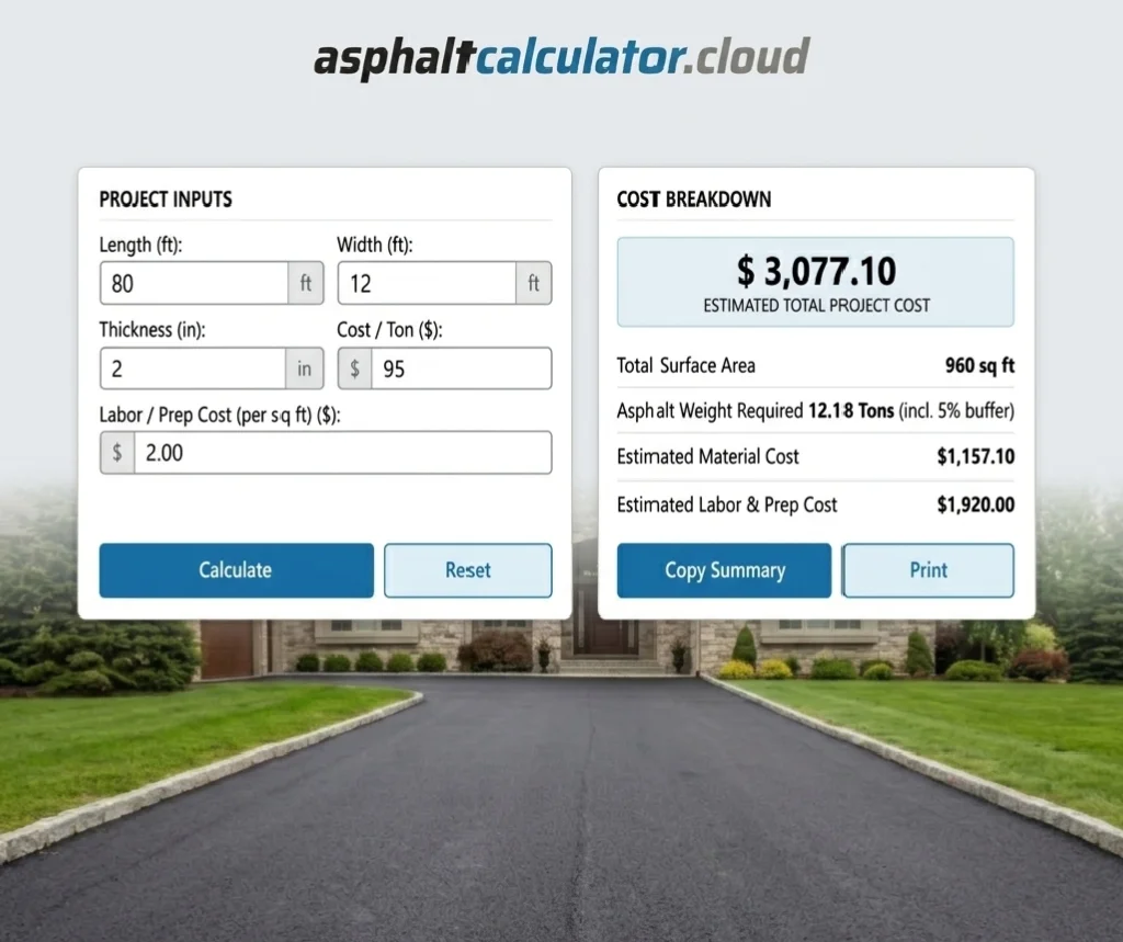 80x12 feet rural long entry asphalt driveway cost calculator example