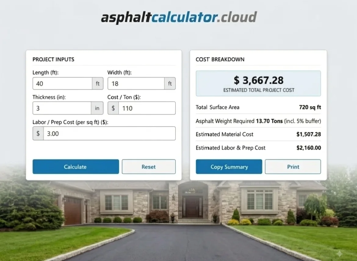 40x18 feet medium 3-car asphalt driveway cost calculation example