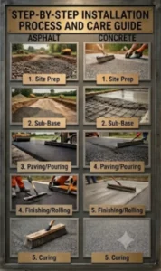 Asphalt and concrete driveway installation step infographic