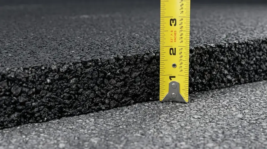 Asphalt on Asphalt 4 Measuring asphalt thickness with a yellow measuring tape during asphalt overlay installation