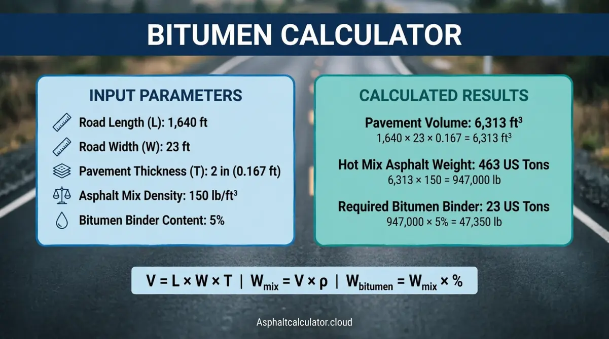 Bitumen calculator worked calculation for road paving Bitumen calculator worked example diagram showing pavement volume and binder tonnage