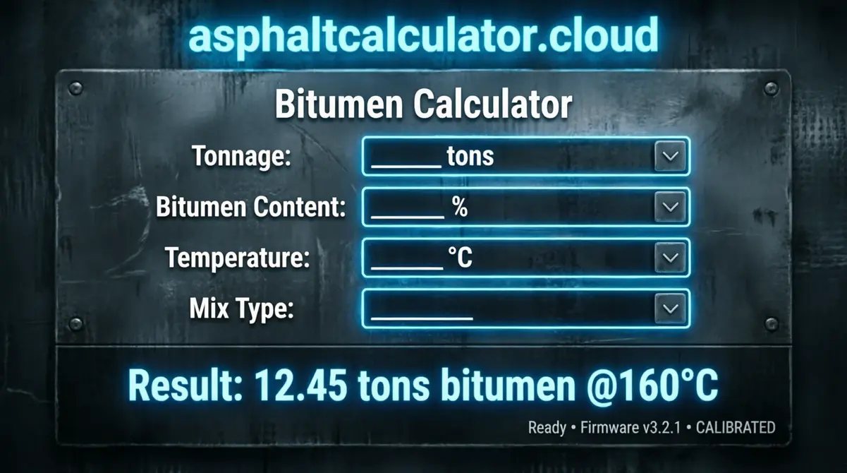 Bitumen calculator interface and engineering formula framework Bitumen calculator input framework showing mix tonnage and binder calibration