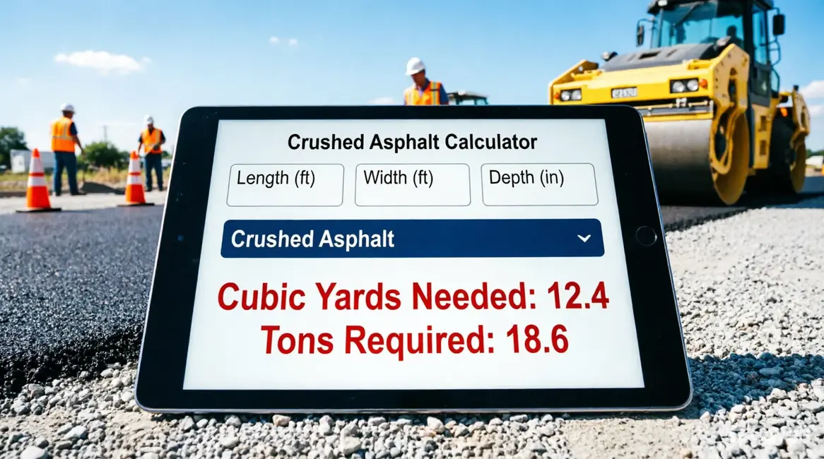 Crushed Asphalt Calculator - Tonnage and Cubic Yards Estimation Crushed asphalt calculator displaying cubic yards and tons required for driveway paving with a roller in the background