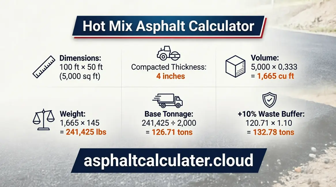 Hot mix asphalt calculator commercial parking lot estimate of 133 tons for 100 by 50 feet area at 4 inches compacted thickness