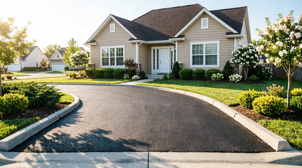 Finished tar and chip (chip seal) driveway with exposed stone aggregate Tar and chip driveway cost calculator: freshly completed driveway curving up to a suburban home