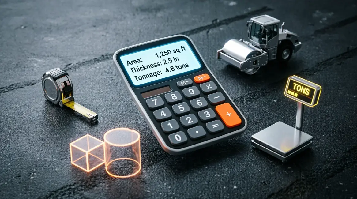 Tools for measuring and calculating driveway paving costs Tar and chip driveway cost calculator tools: tape measure, calculator, and paving equipment